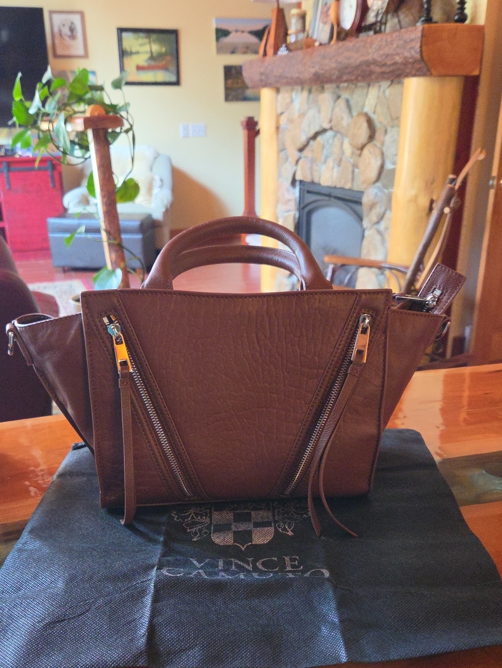 Brown Leather Tote Handbag with Zip Accent